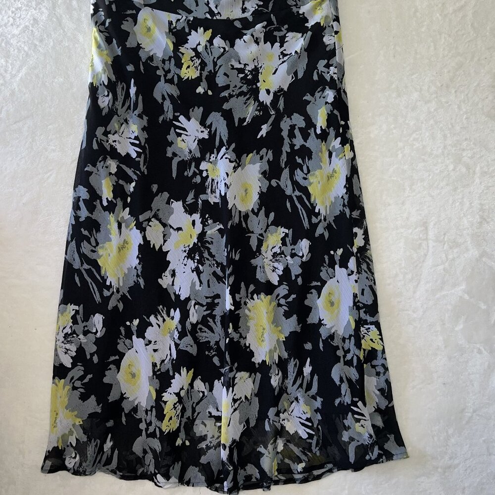 Cato Black Yellow Floral Abstract Midi Skirt Size 14 Side Zip Crepe Texture